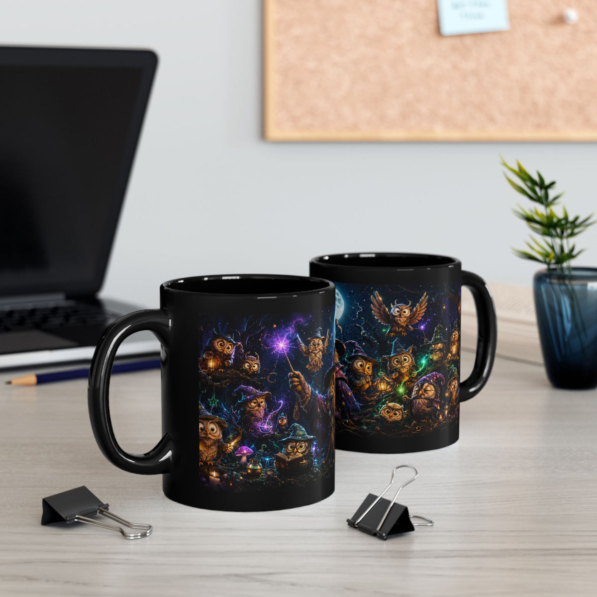 Halloween Owl Magic Black Mug — Witchy Owls Night Sky Coffee Cup (11oz/15oz)