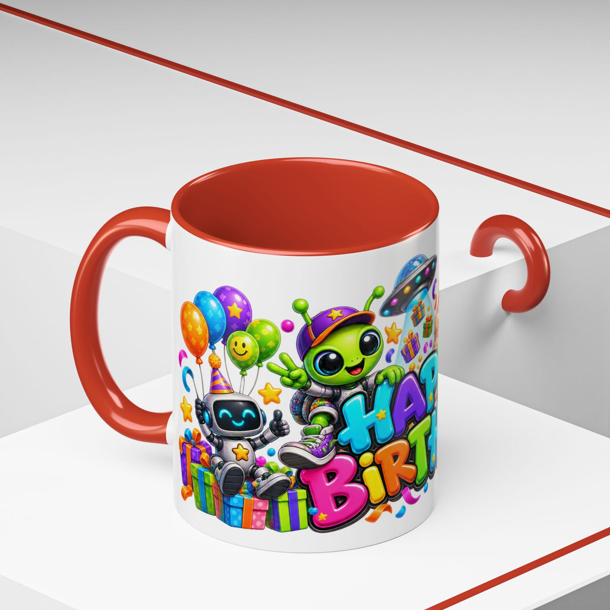 Happy Birthday Space Party Mug – Cute Aliens, Robots, UFO & Colorful 3D Birthday Design