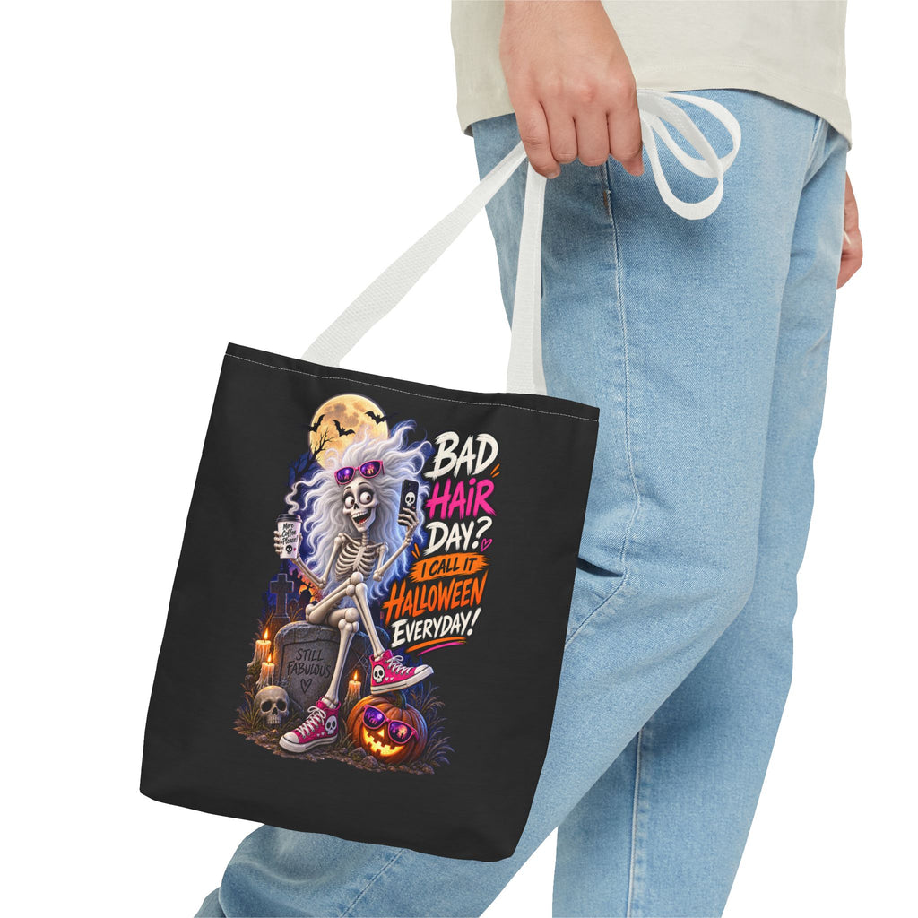 Halloween Skeleton Tote Bag — "Bad Hair Day? I Call It Halloween Everyday" Graphic