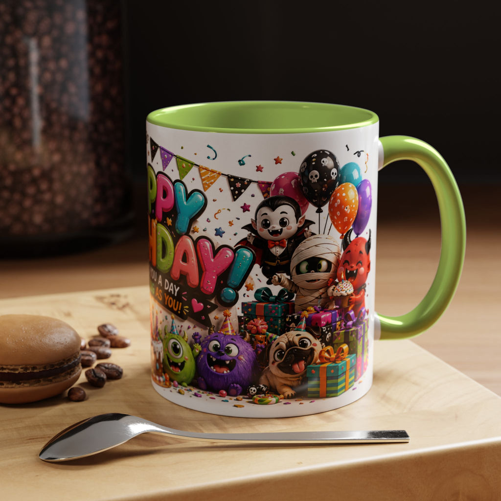 Happy Birthday Accent Coffee Mug — Colorful 3D Birthday Party Design (11/15oz)