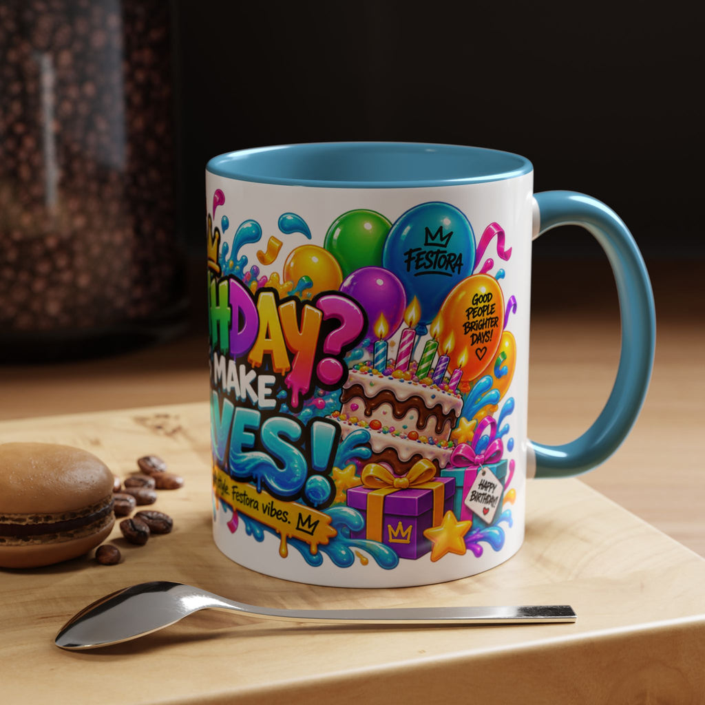 BIRTHDAY? LET’S MAKE WAVES! White Ceramic Mug – Funny Shark Birthday Coffee Cup – Original FestoraShop Design