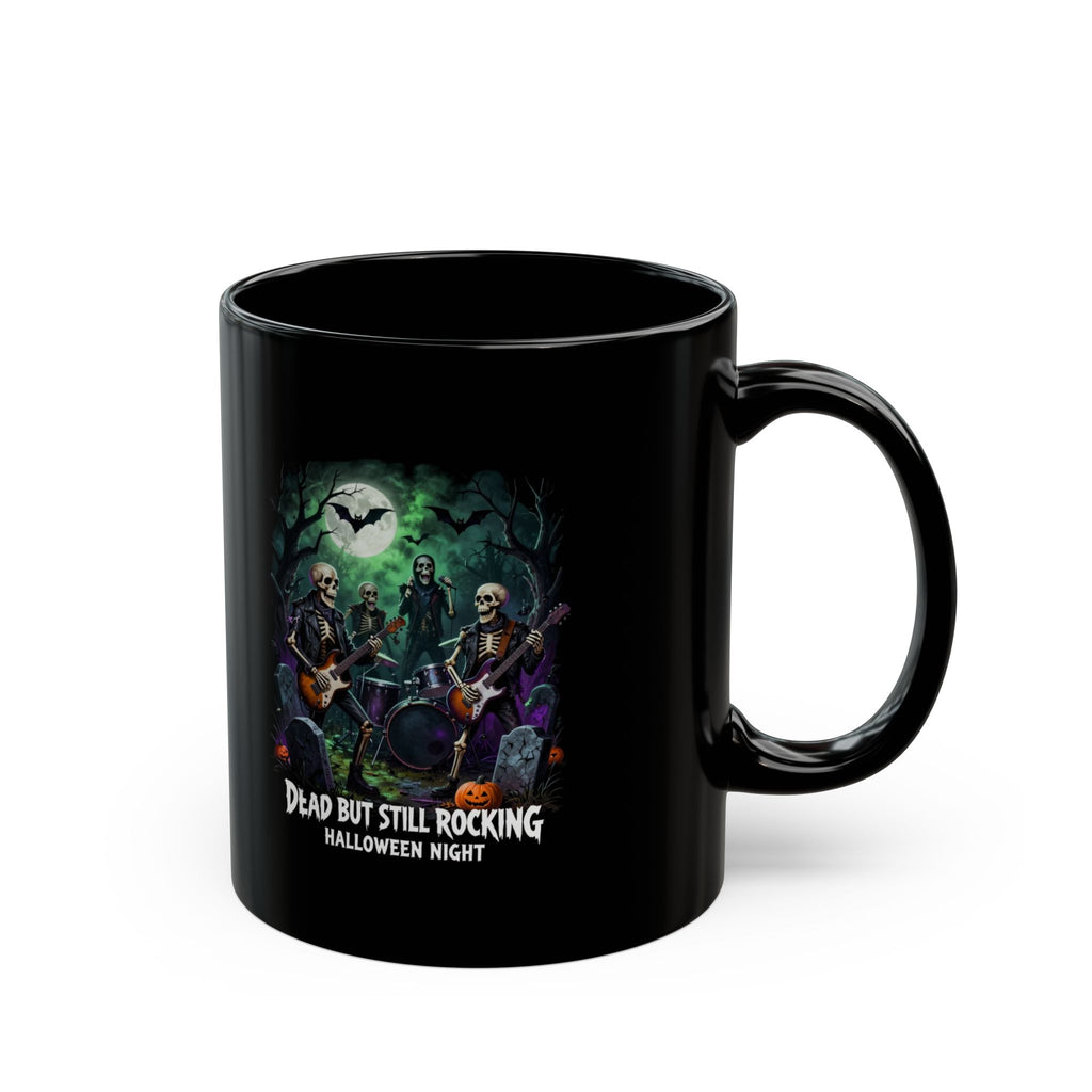 Dead But Still Rocking Halloween Mug — Spooky Skeleton Band Black Coffee Cup