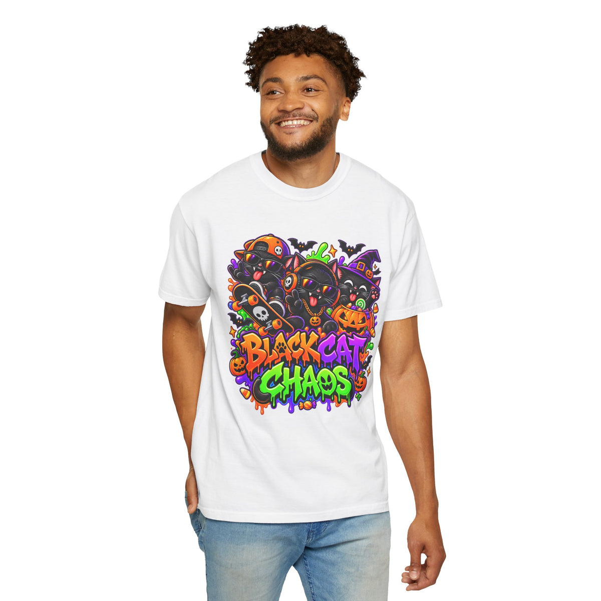Neon Black Cat Halloween Chaos T-Shirt | Cute Spooky Cat Graphic Tee