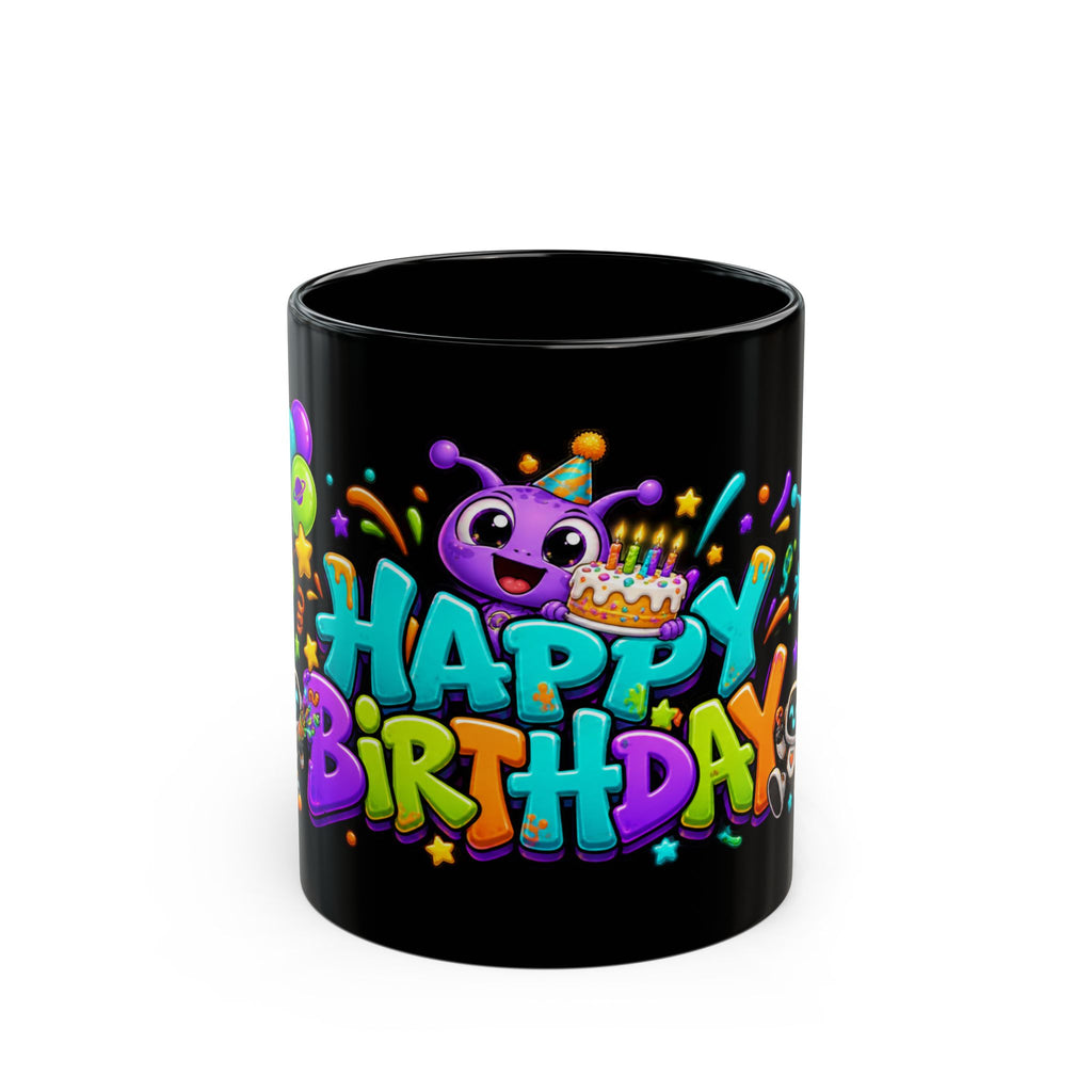 Happy Birthday Alien Mug – Colorful Space Party Mug with Cute Aliens & Robots