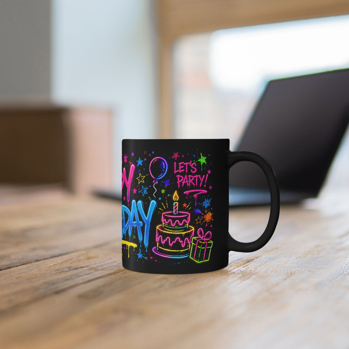 Happy Birthday Neon Graffiti Mug — Colorful Black Birthday Coffee Cup