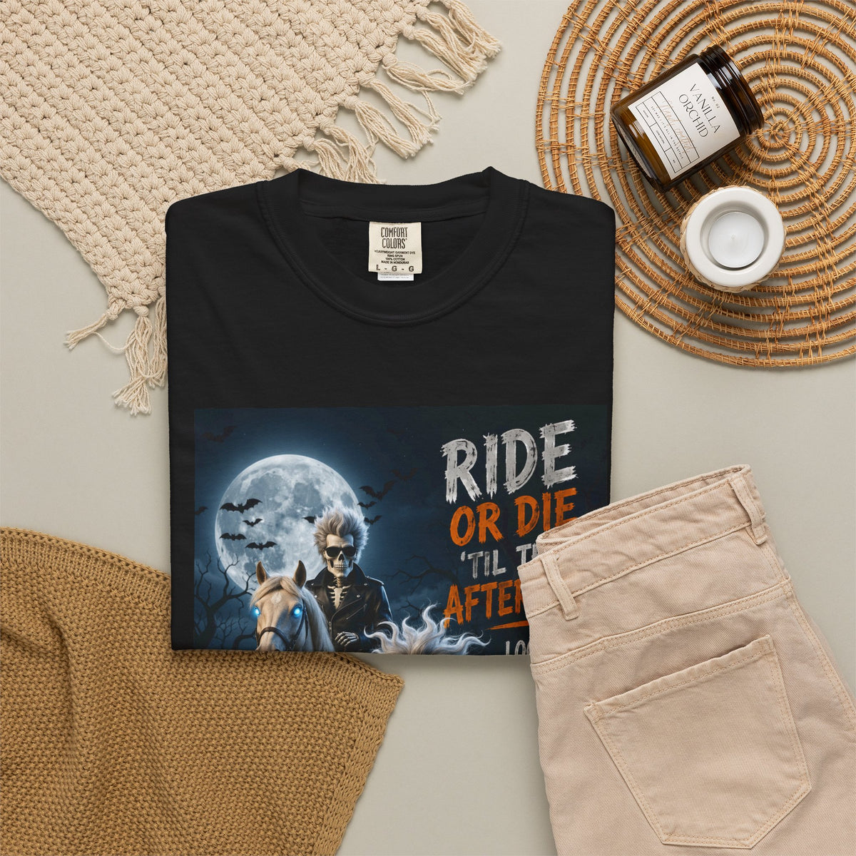 Ride or Die 'Til the Afterlife T-Shirt — Halloween Skeleton Biker Graphic Tee