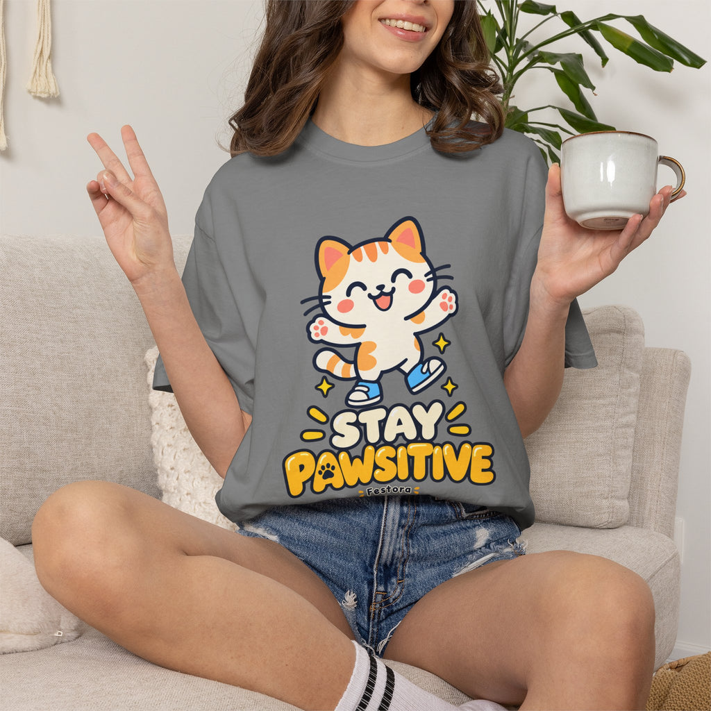 Stay Pawsitive – Cute Happy Cat Graphic T-Shirt