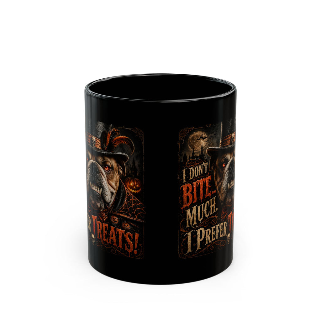 Halloween Bulldog Mug — “I Don’t Bite Much, I Prefer Treats!” Black Coffee Cup (11oz/15oz)