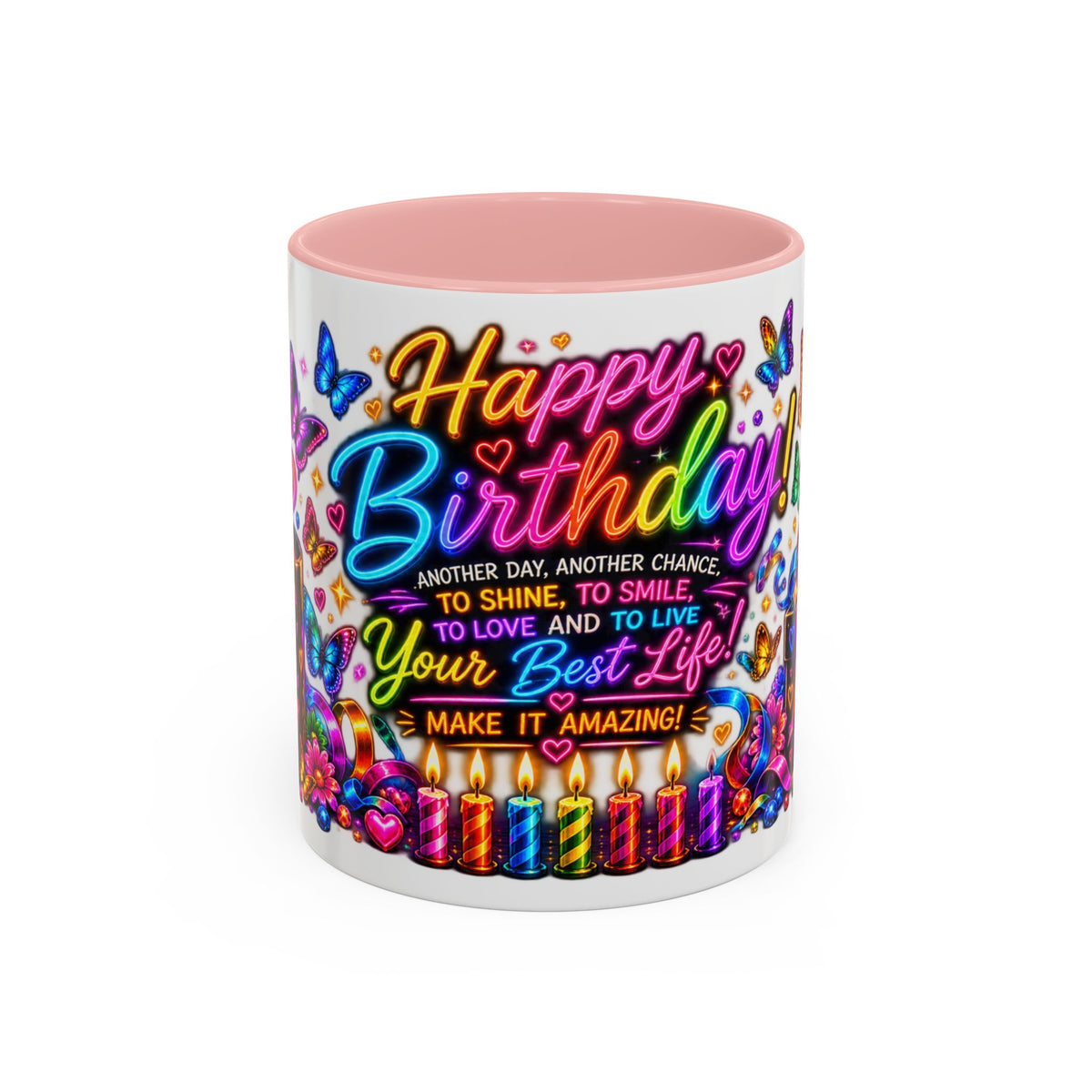 Birthday Coffee Mug – Colorful "Happy Birthday" Gift Mug with Butterflies & Candles