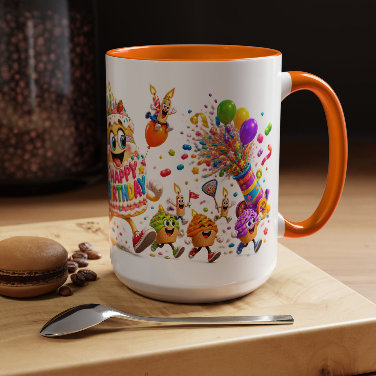Birthday Party Coffee Mug – Colorful Happy Birthday Cake & Balloon Design (11/15oz Accent Mug)