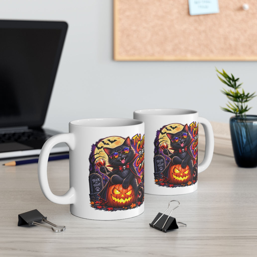 Halloween Cat Mug - “Too Cute to Be a Good Cat” Ceramic Coffee Cup (11oz/15oz)