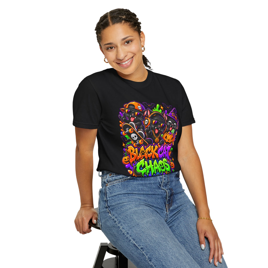 Neon Black Cat Halloween Chaos T-Shirt | Cute Spooky Cat Graphic Tee