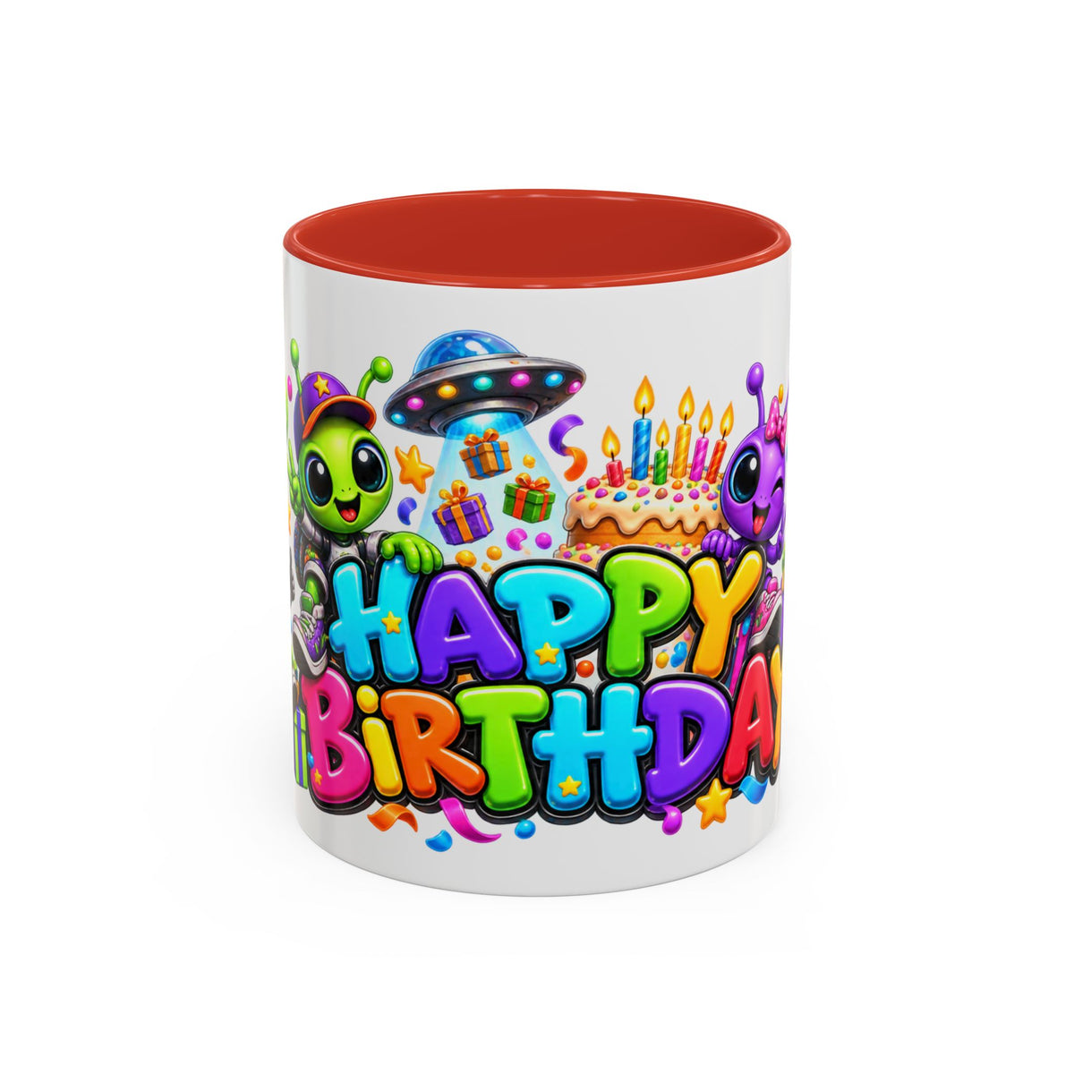 Happy Birthday Space Party Mug – Cute Aliens, Robots, UFO & Colorful 3D Birthday Design