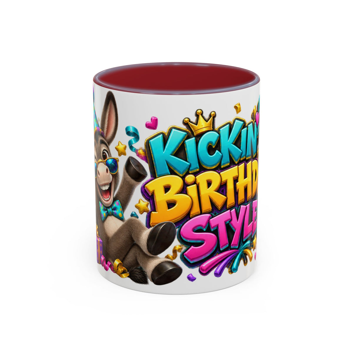 Kickin’ It Birthday Style Donkey White Mug – Funny Happy Birthday Party Cup, Cute Colorful Gift