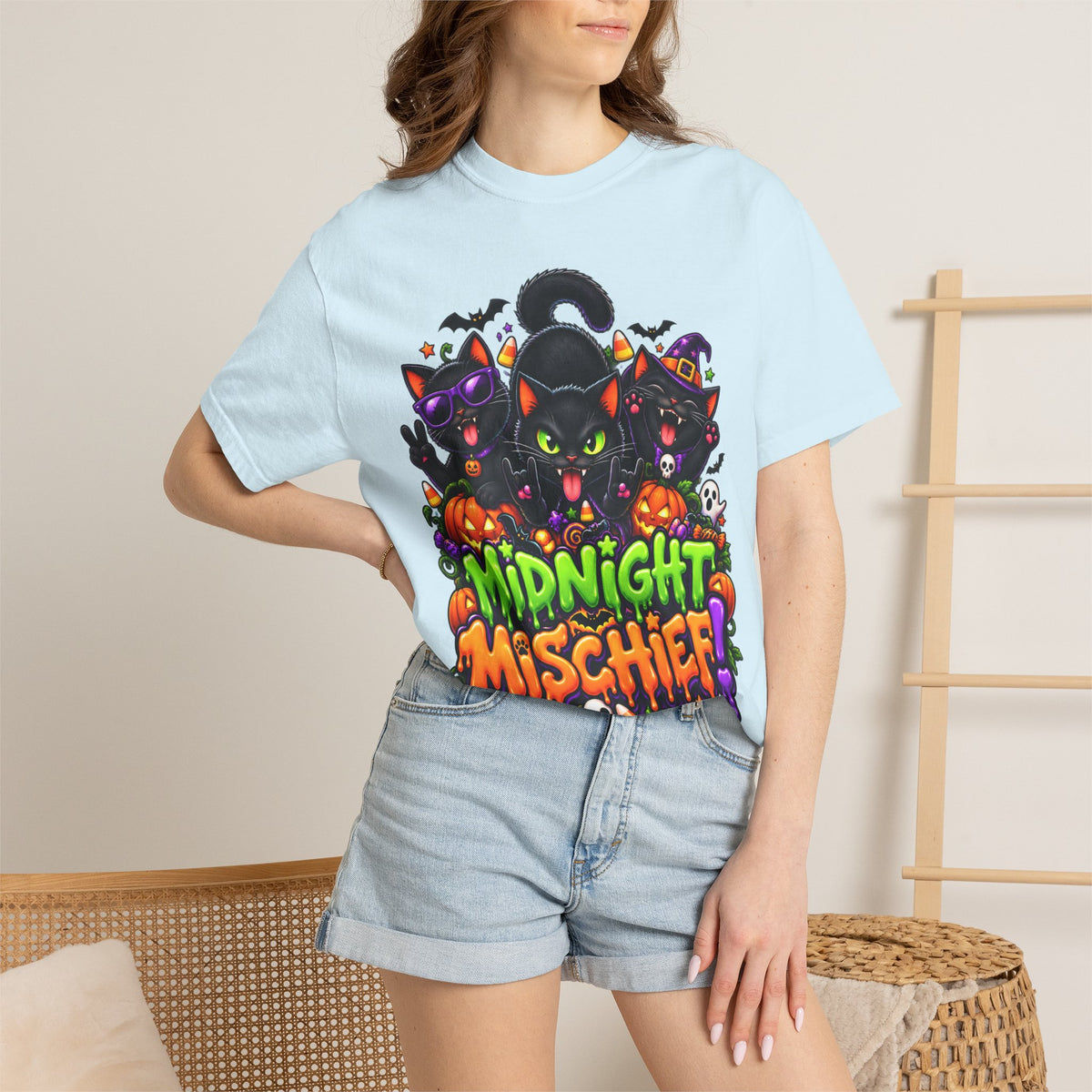 Midnight Mischief Halloween T-Shirt – Funny Black Cat Graphic Tee