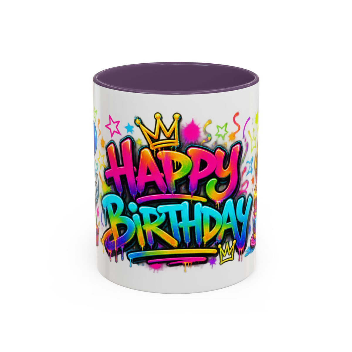 Happy Birthday Accent Coffee Mug – Colorful Graffiti Cake & Balloons (11/15oz)