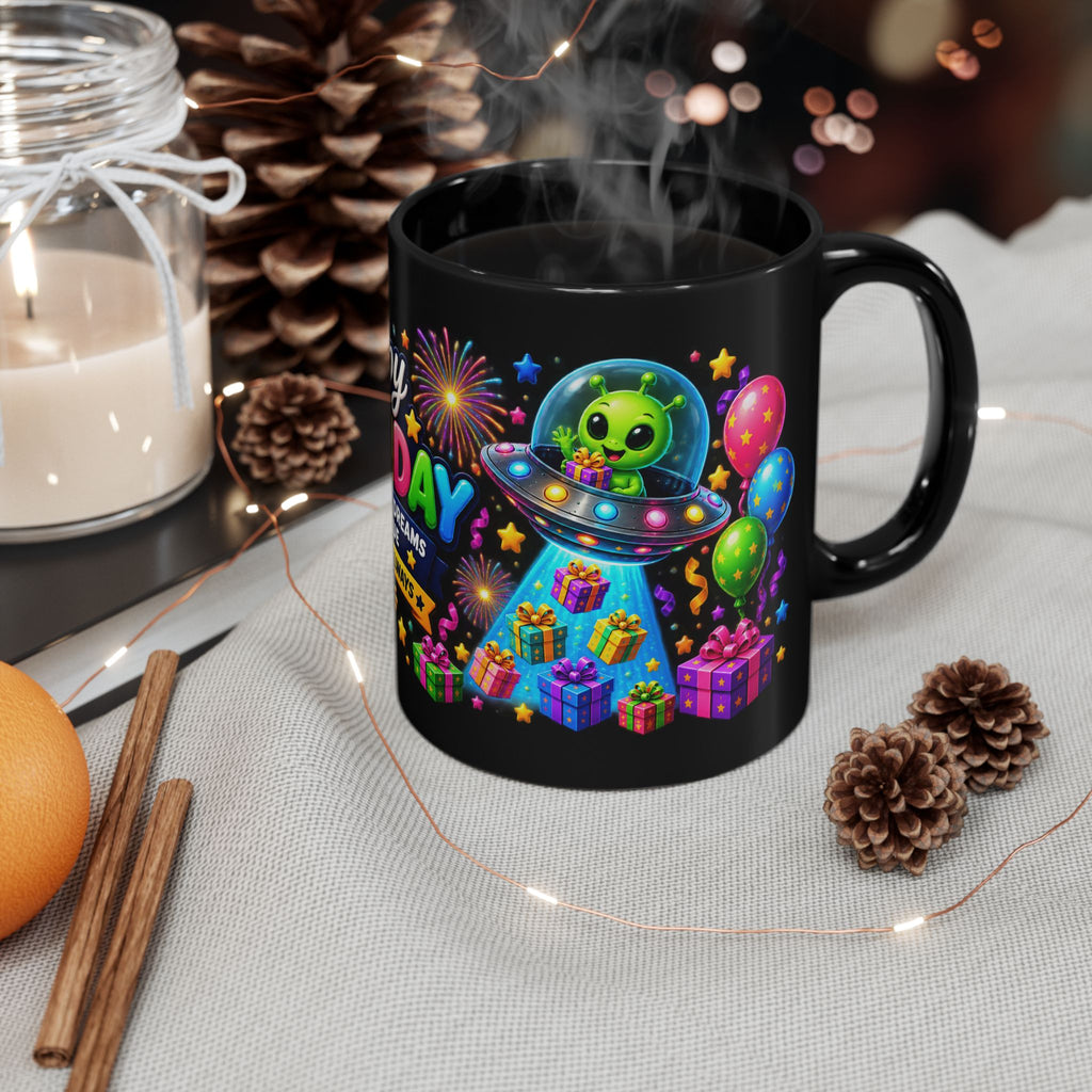 Happy Birthday Alien Mug — Colorful UFO Birthday Coffee Cup (11oz)