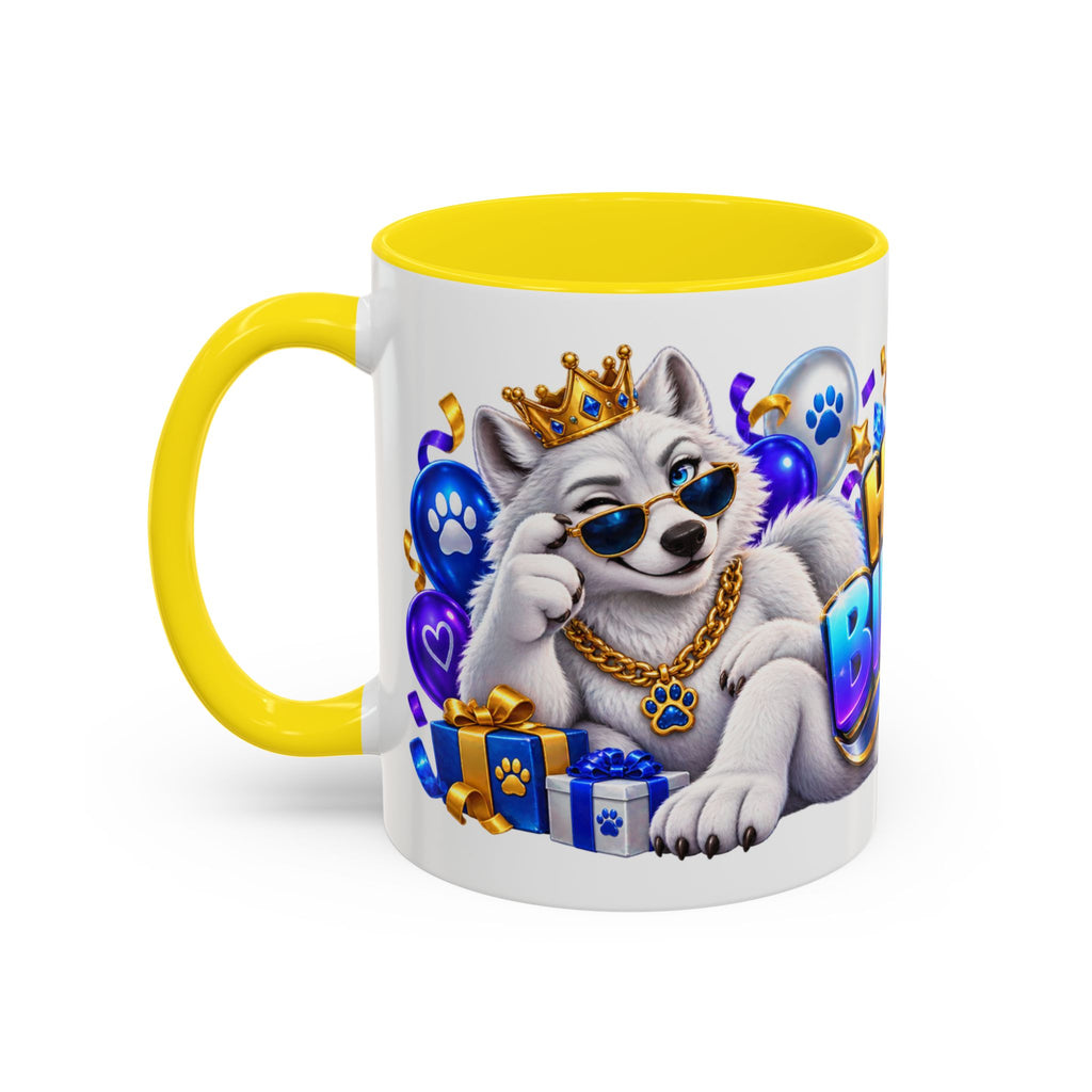White Wolf Happy Birthday Mug – Blue Purple & Gold Birthday Gift – FestoraShop White Coffee Mug