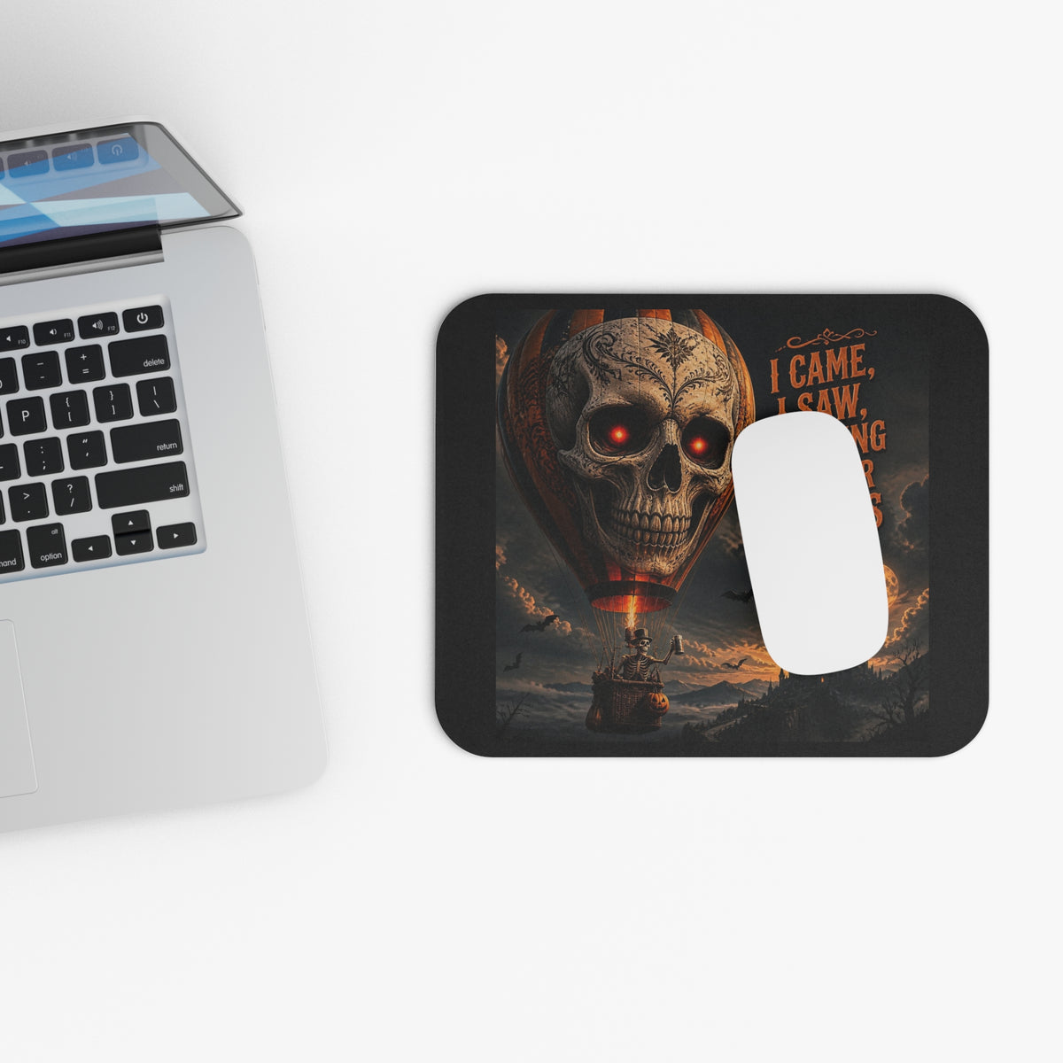 Skull Hot Air Balloon Mouse Pad — "I Came, I Saw, I'm Going Back For Snacks" Halloween Gaming Desk Mat