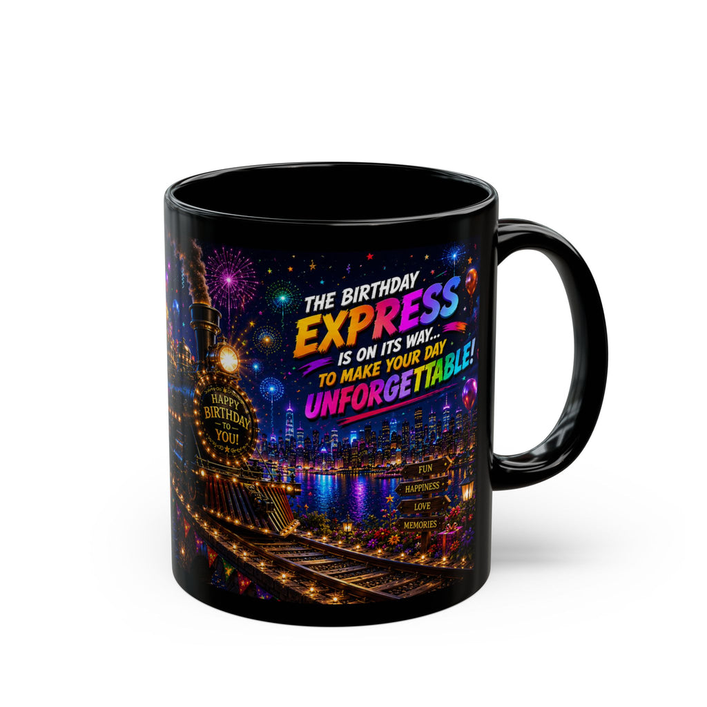 Birthday Express Black Mug – Colorful Train Party Coffee Cup (11oz)