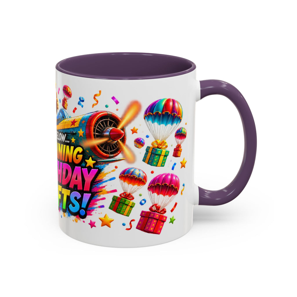 Birthday Gifts Coffee Mug — "It's Raining Birthday Gifts!" Colorful Accent Mug
