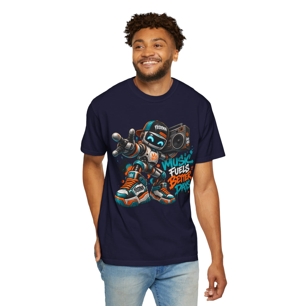 Music Fuels Better Days T-Shirt — Retro Robot Boombox Streetwear