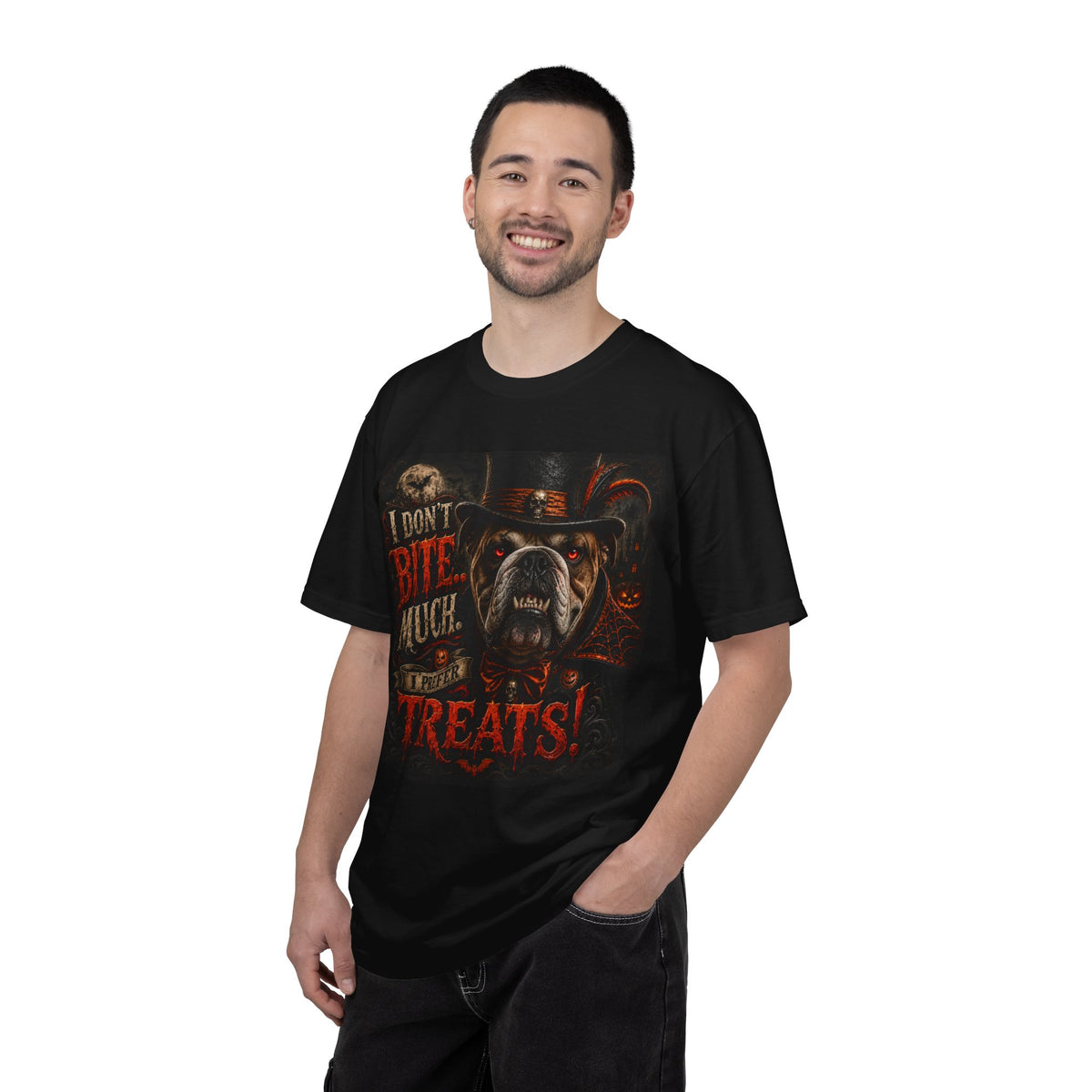 Halloween Bulldog T-Shirt — "I Don’t Bite Much… I Prefer Treats!" Graphic Tee