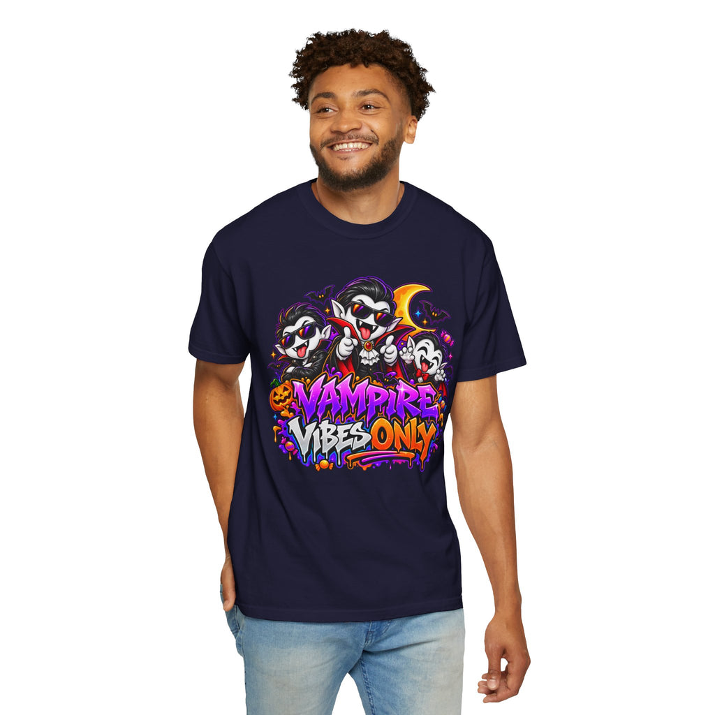 Neon Vampire Vibes Halloween Unisex Garment-Dyed T-Shirt Featuring a Cool Festora Vampire Crew