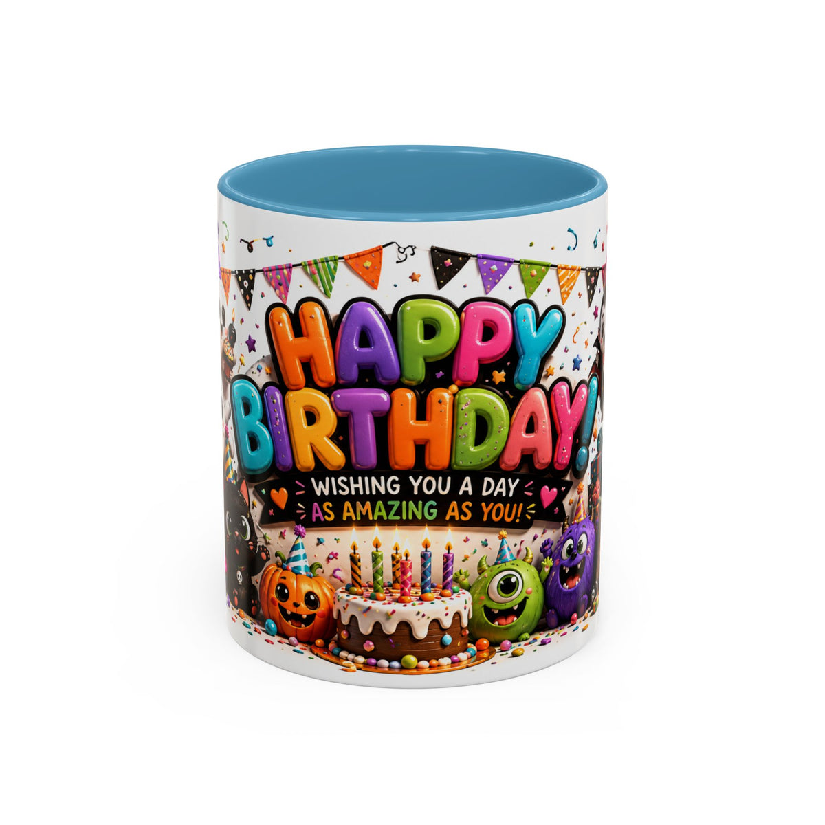 Happy Birthday Accent Coffee Mug — Colorful 3D Birthday Party Design (11/15oz)