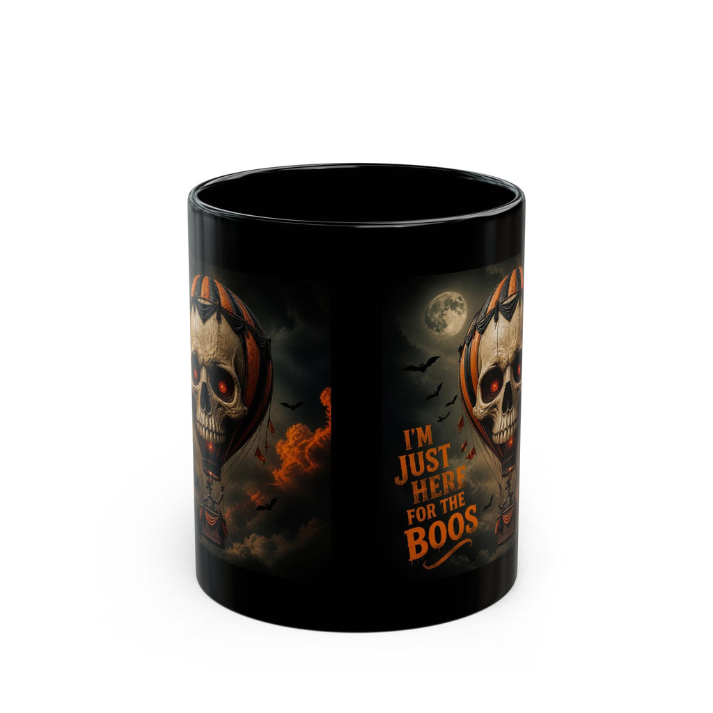 Halloween Skull Hot Air Balloon Mug — "I'm Just Here for the Boos" Black Coffee Cup