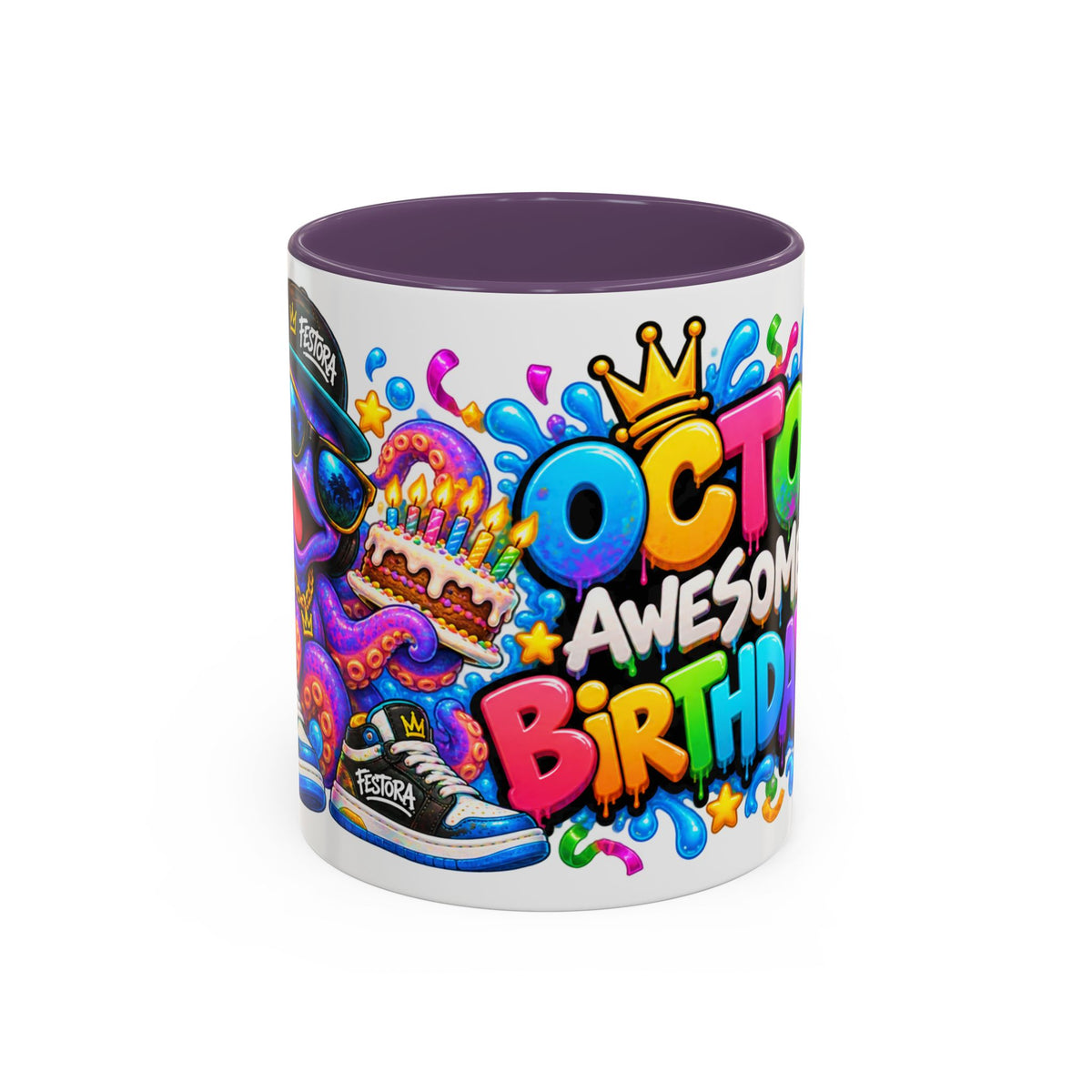 OCTO AWESOME BIRTHDAY! White Ceramic Mug – Funny Octopus Birthday Coffee Cup – Colorful Party Gift – Original FestoraShop Design