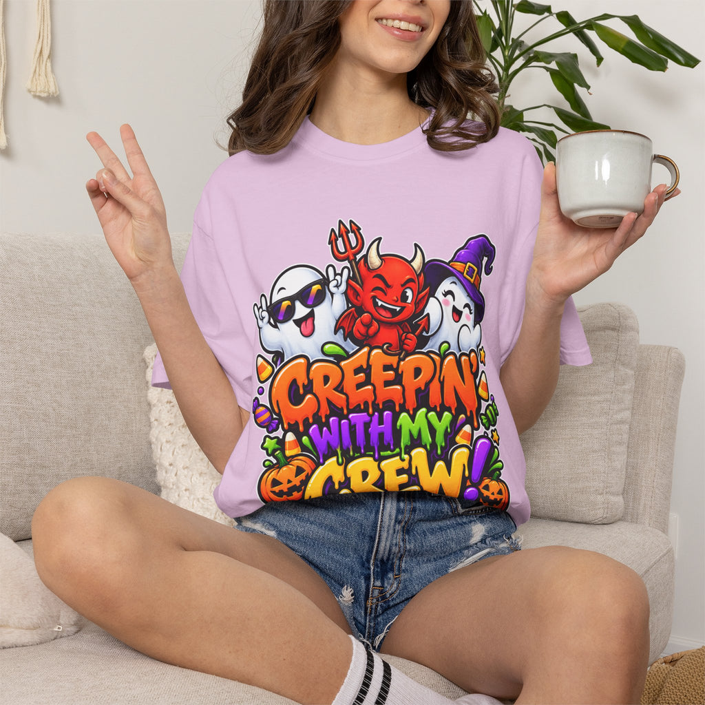 Creepin’ With My Crew Halloween T-Shirt – Colorful Funny Ghost & Devil Graphic Tee