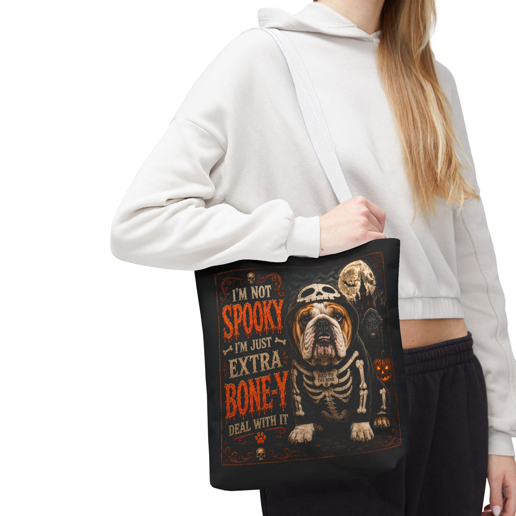 Halloween Bulldog Tote Bag – "I’m Not Spooky, I’m Just Extra Boney" All-Over Print