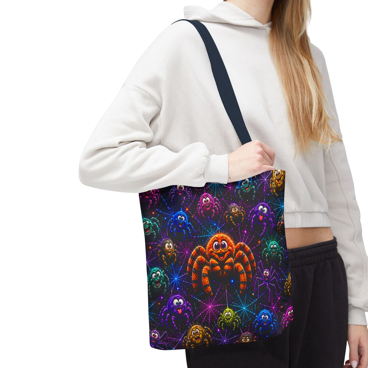Colorful Crazy Spiders Halloween Tote Bag – Cute 3D Spider Web Pattern
