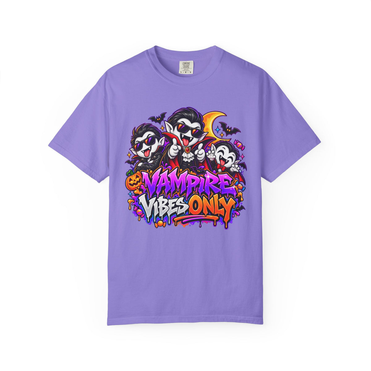 Neon Vampire Vibes Halloween Unisex Garment-Dyed T-Shirt Featuring a Cool Festora Vampire Crew