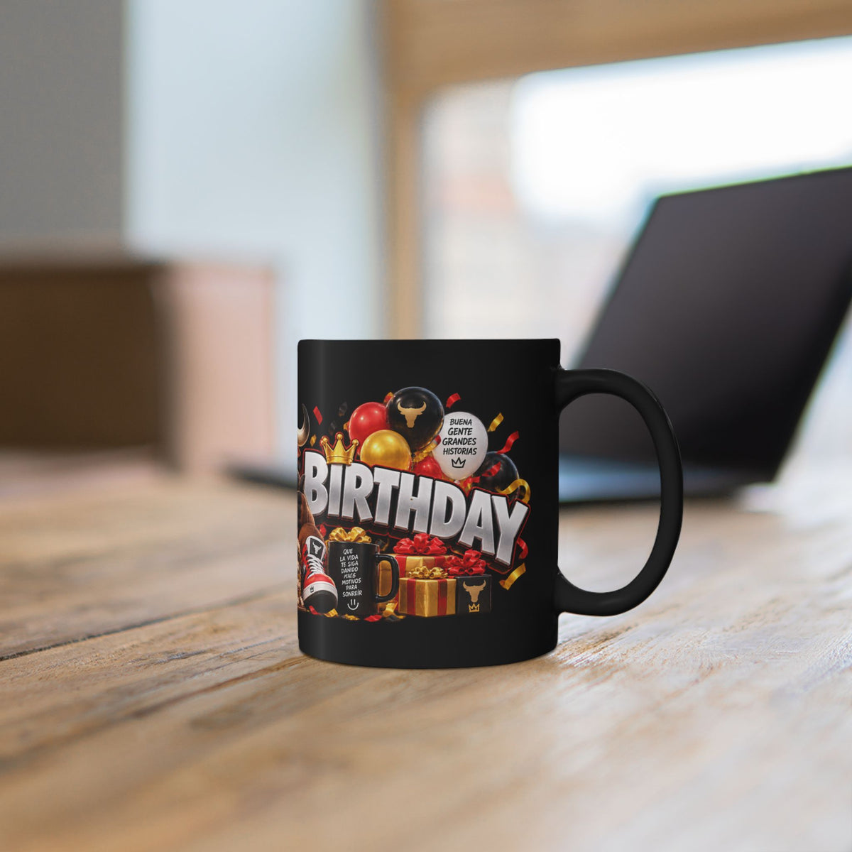 Happy Birthday Bull Mug – Bold 3D Birthday Design – Black Coffee Mug