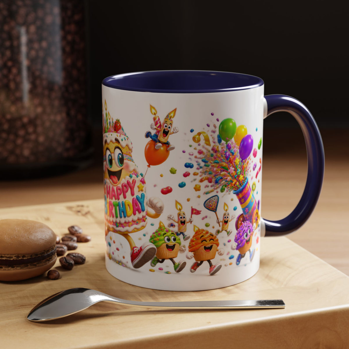 Birthday Party Coffee Mug – Colorful Happy Birthday Cake & Balloon Design (11/15oz Accent Mug)