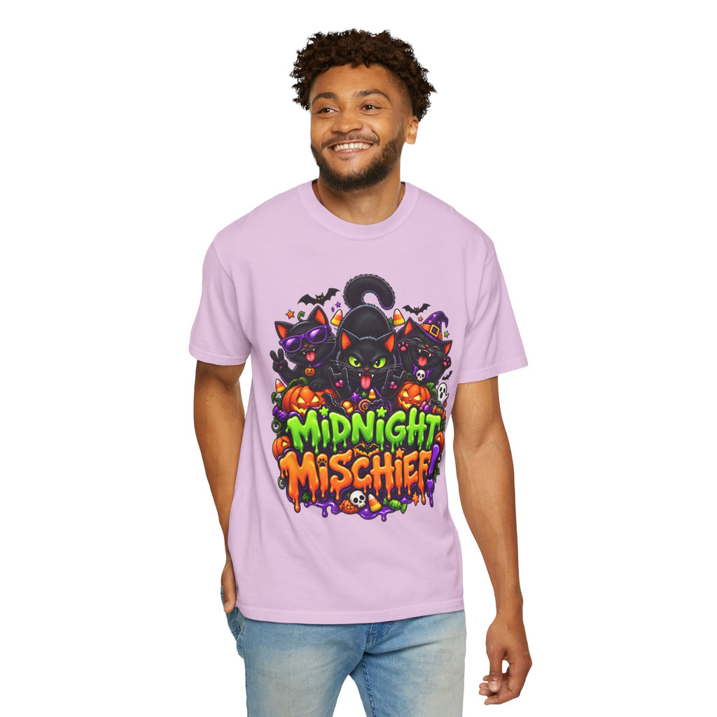 Midnight Mischief Halloween T-Shirt – Funny Black Cat Graphic Tee
