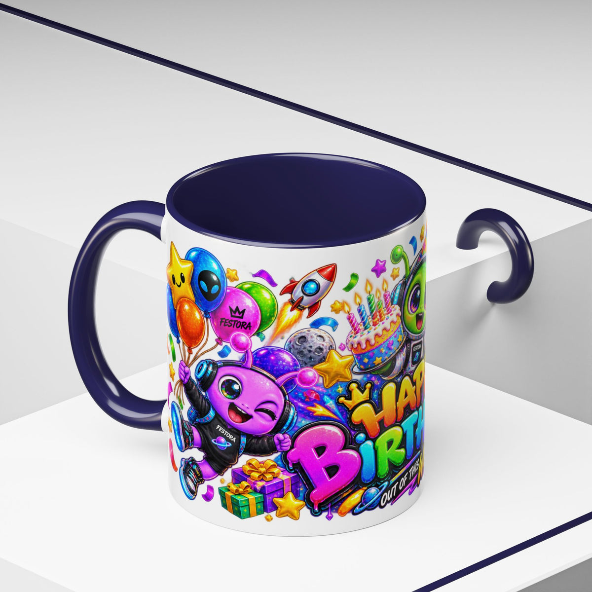 Happy Birthday Out of This World Accent Mug — Cute Alien Space Birthday Coffee Cup (11oz)