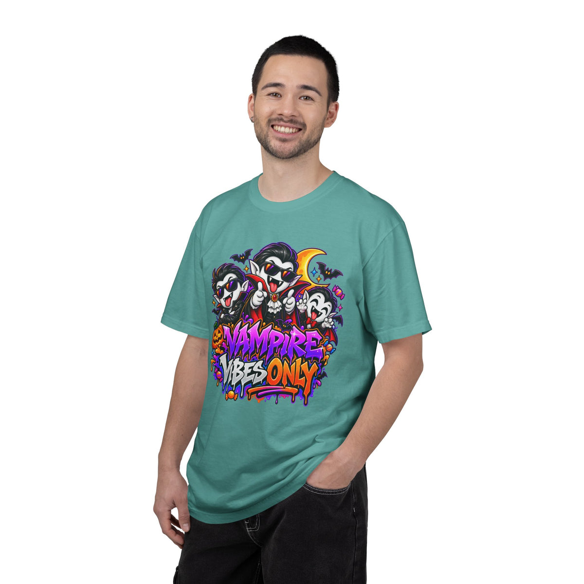 Neon Vampire Vibes Halloween Unisex Garment-Dyed T-Shirt Featuring a Cool Festora Vampire Crew