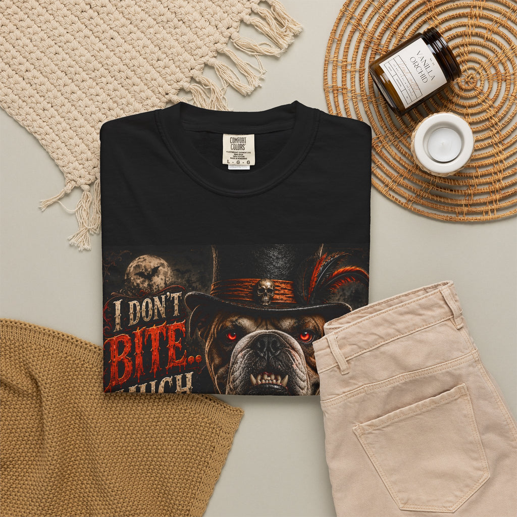Halloween Bulldog T-Shirt — "I Don’t Bite Much… I Prefer Treats!" Graphic Tee