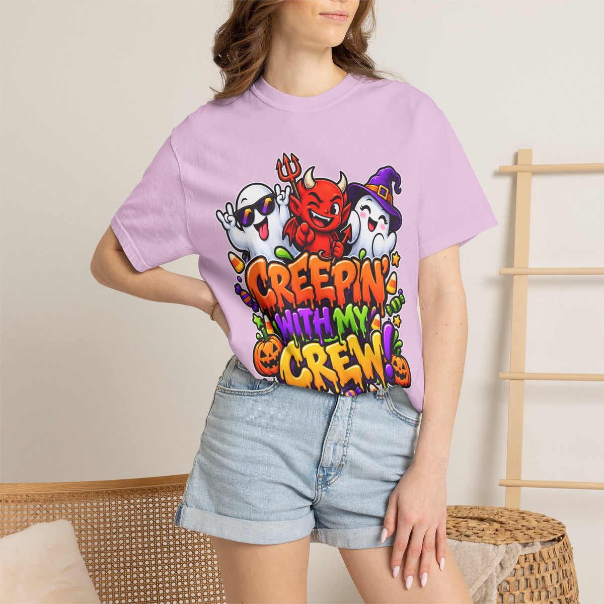 Creepin’ With My Crew Halloween T-Shirt – Colorful Funny Ghost & Devil Graphic Tee