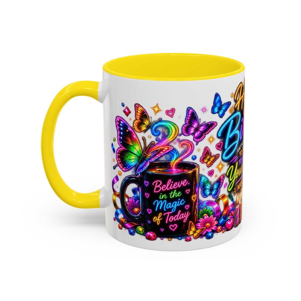 Birthday Coffee Mug – Colorful "Happy Birthday" Gift Mug with Butterflies & Candles