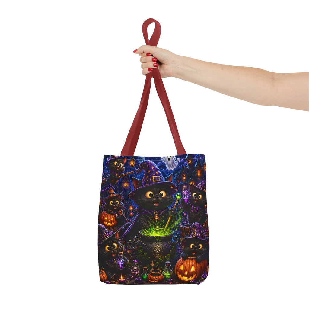 Halloween Black Cat Witches Tote Bag — Cute 3D Cats, Cauldron & Pumpkins Design