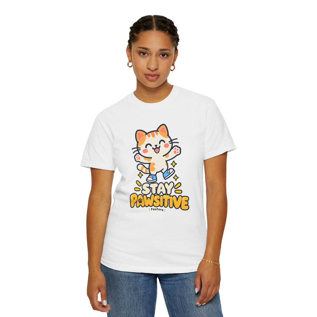 Stay Pawsitive – Cute Happy Cat Graphic T-Shirt