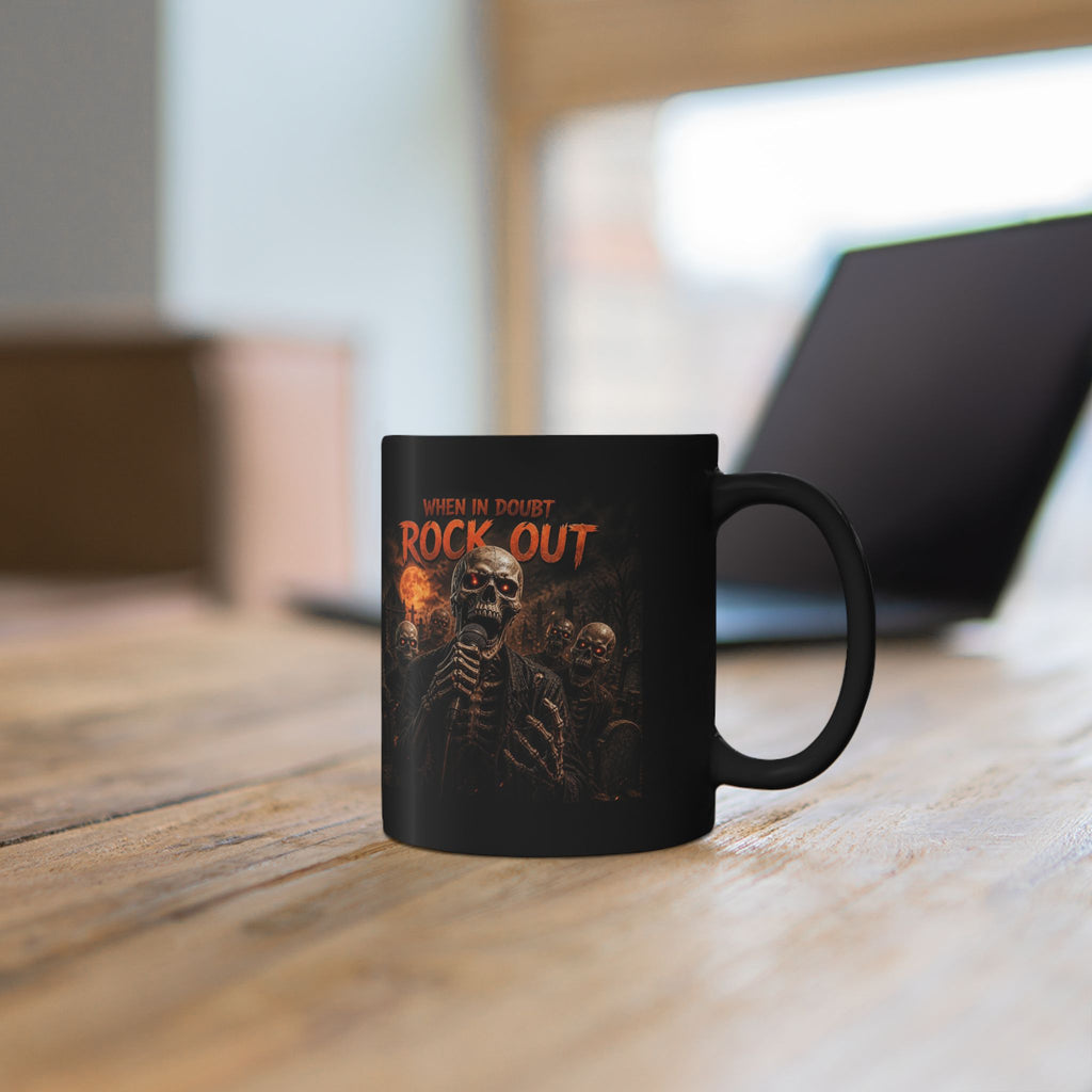 Rock Out Skull Mug — 'When in Doubt Rock Out' Gothic Cemetery Coffee Cup (11oz/15oz)