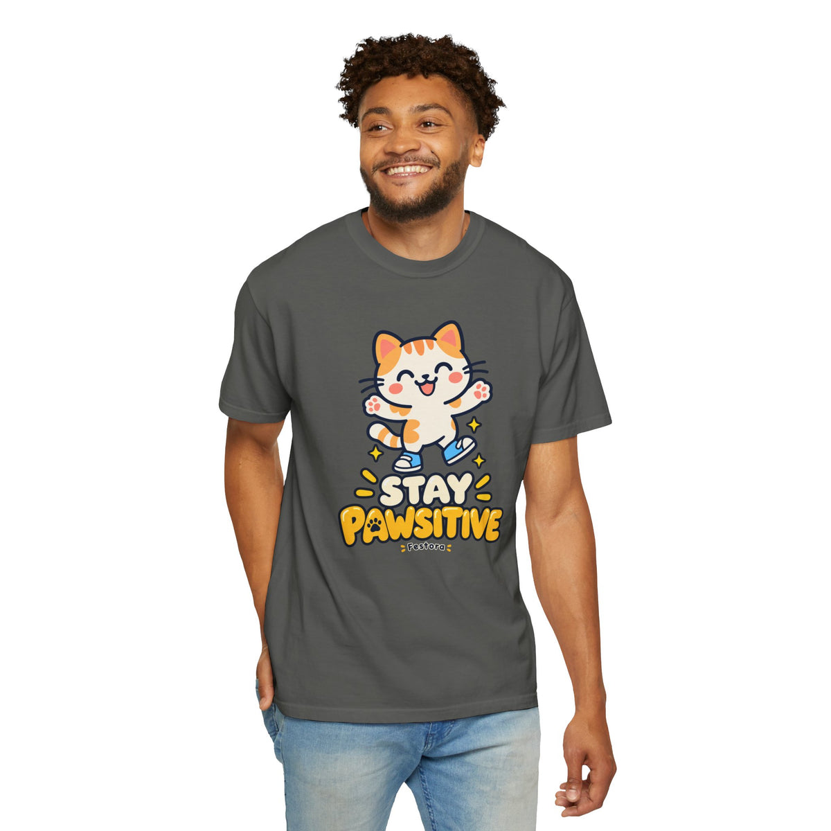 Stay Pawsitive – Cute Happy Cat Graphic T-Shirt