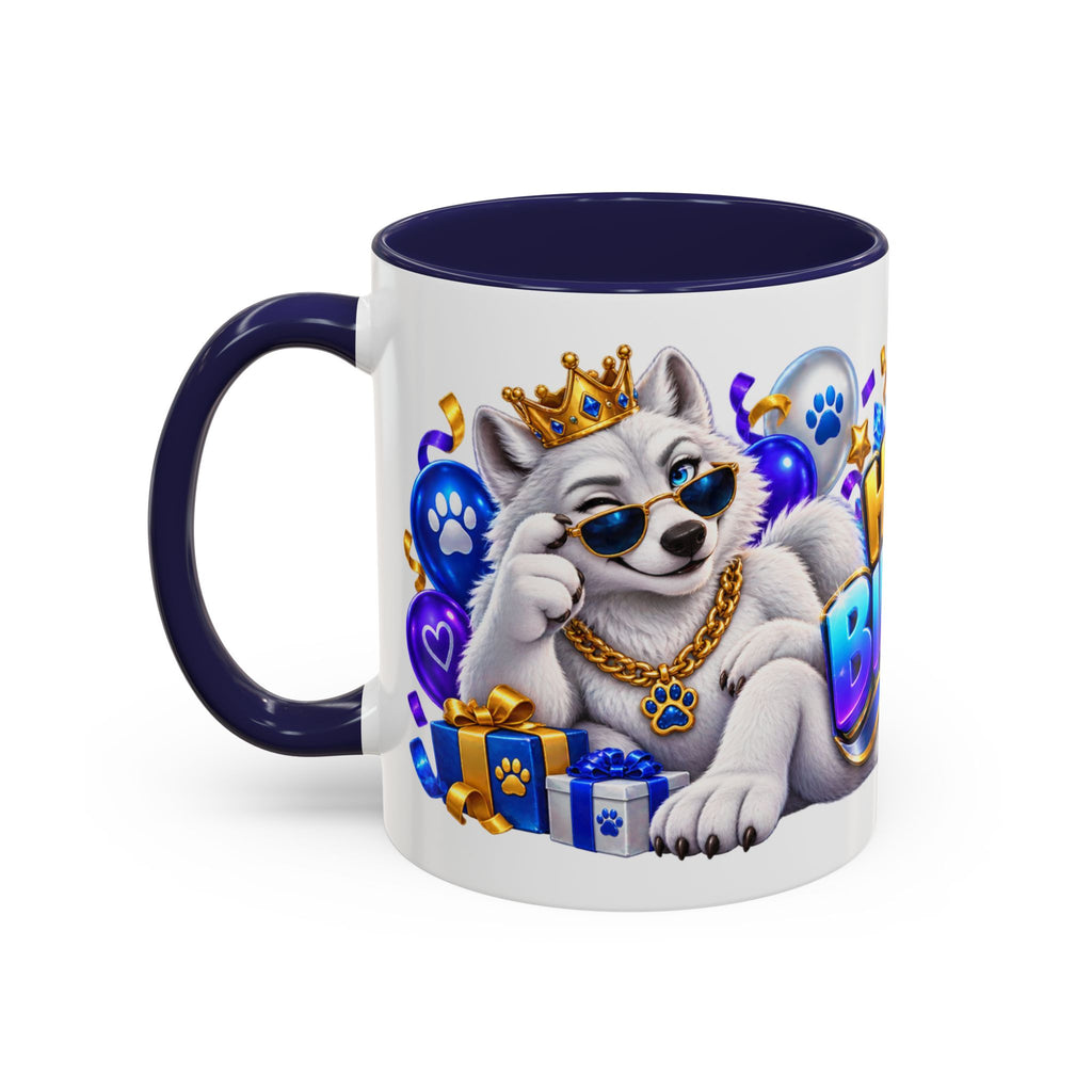 White Wolf Happy Birthday Mug – Blue Purple & Gold Birthday Gift – FestoraShop White Coffee Mug