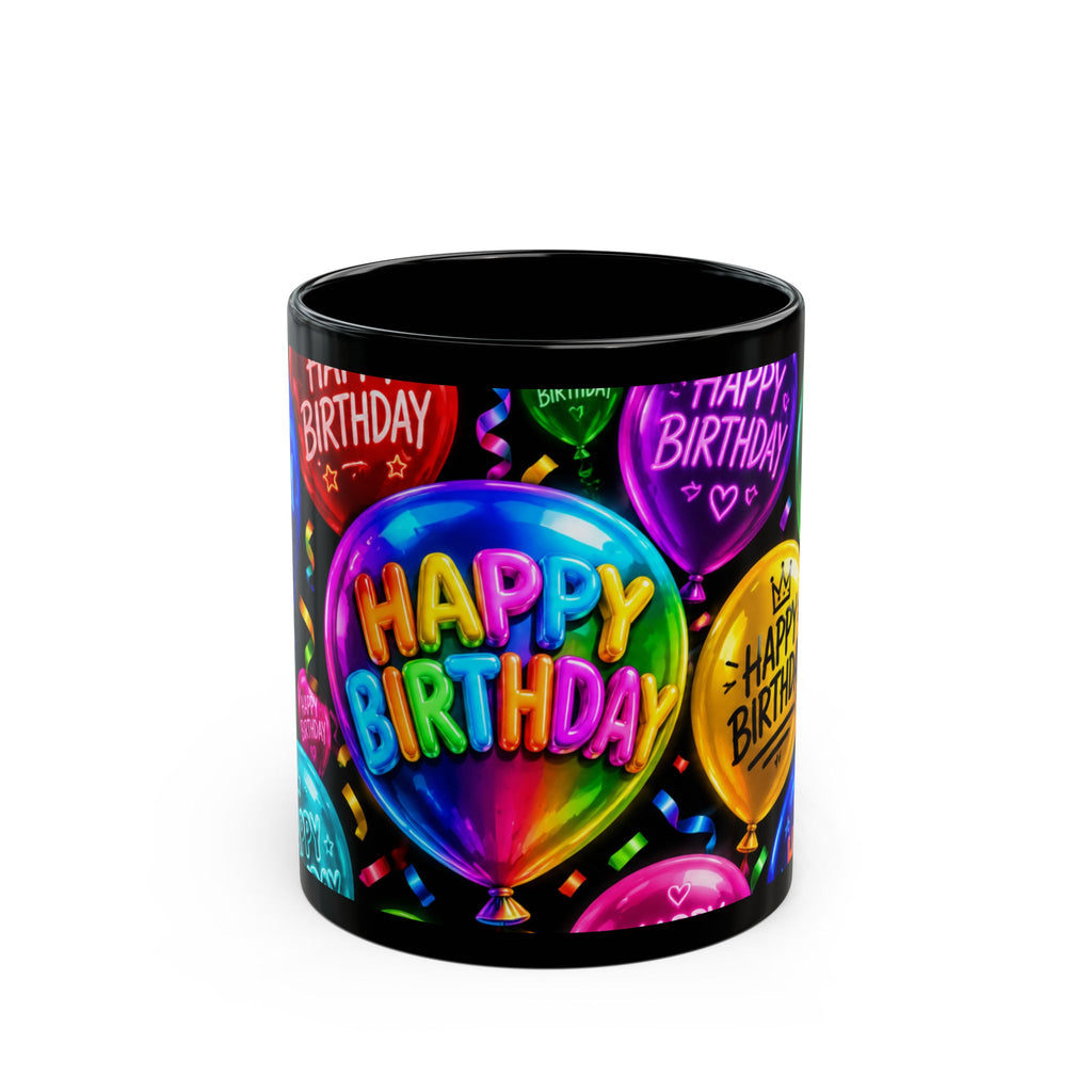 Happy Birthday Balloon Black Mug — Colorful Celebration Coffee Cup (11oz/15oz)