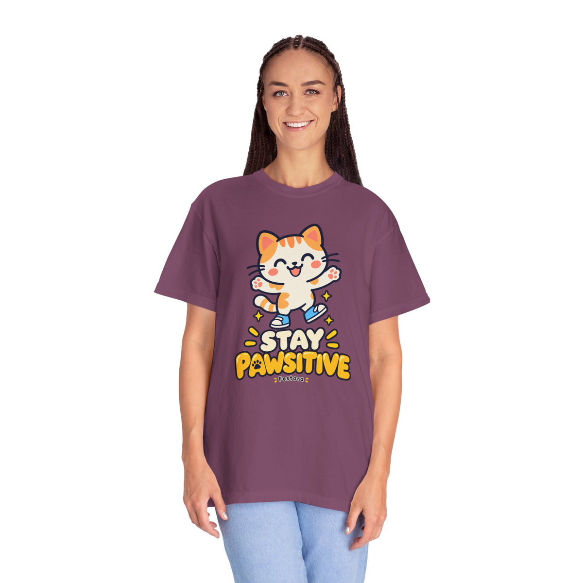 Stay Pawsitive – Cute Happy Cat Graphic T-Shirt